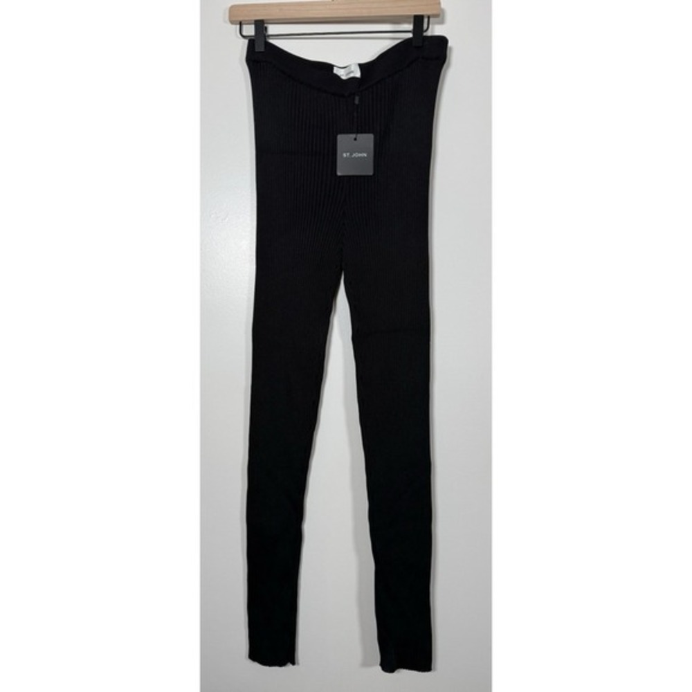 St John Women's Medium High Rise Black Ribbed Leggings Tight Polyester Viscose